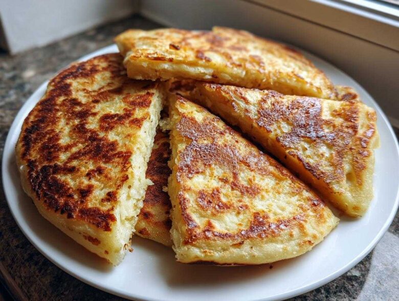 A stack of freshly cooked, golden brown irish potato farls, some cut into wedges, served on a white plate.