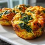 Close-up of four golden brown, baked spinach egg muffin cups on a white plate.