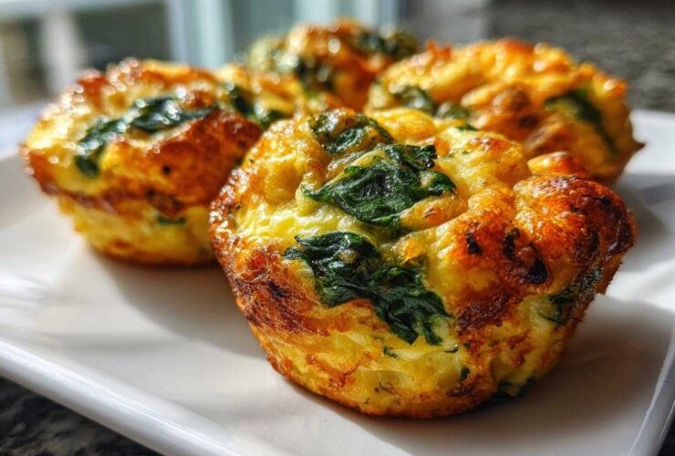 Close-up of four golden brown, baked spinach egg muffin cups on a white plate.
