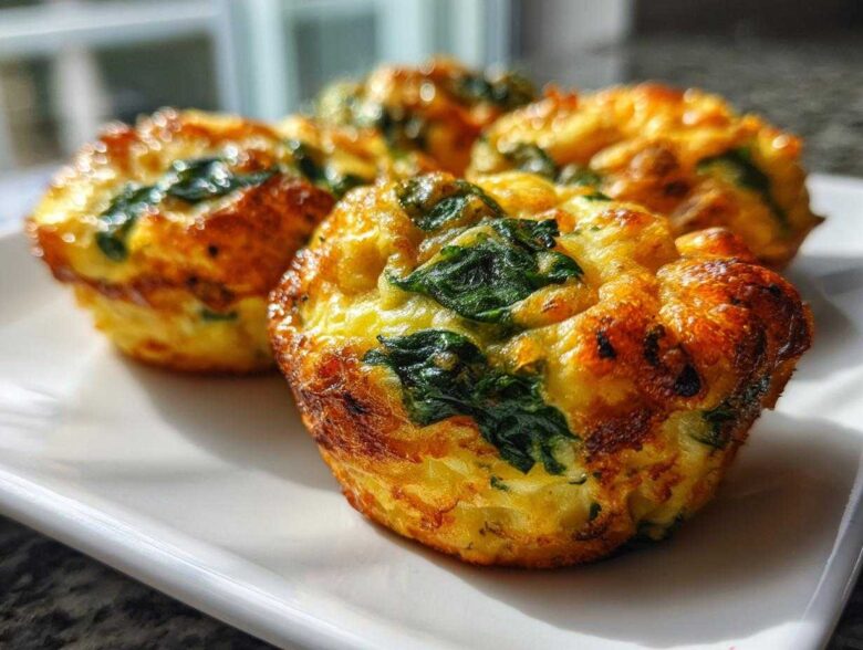 Close-up of four golden brown, baked spinach egg muffin cups on a white plate.