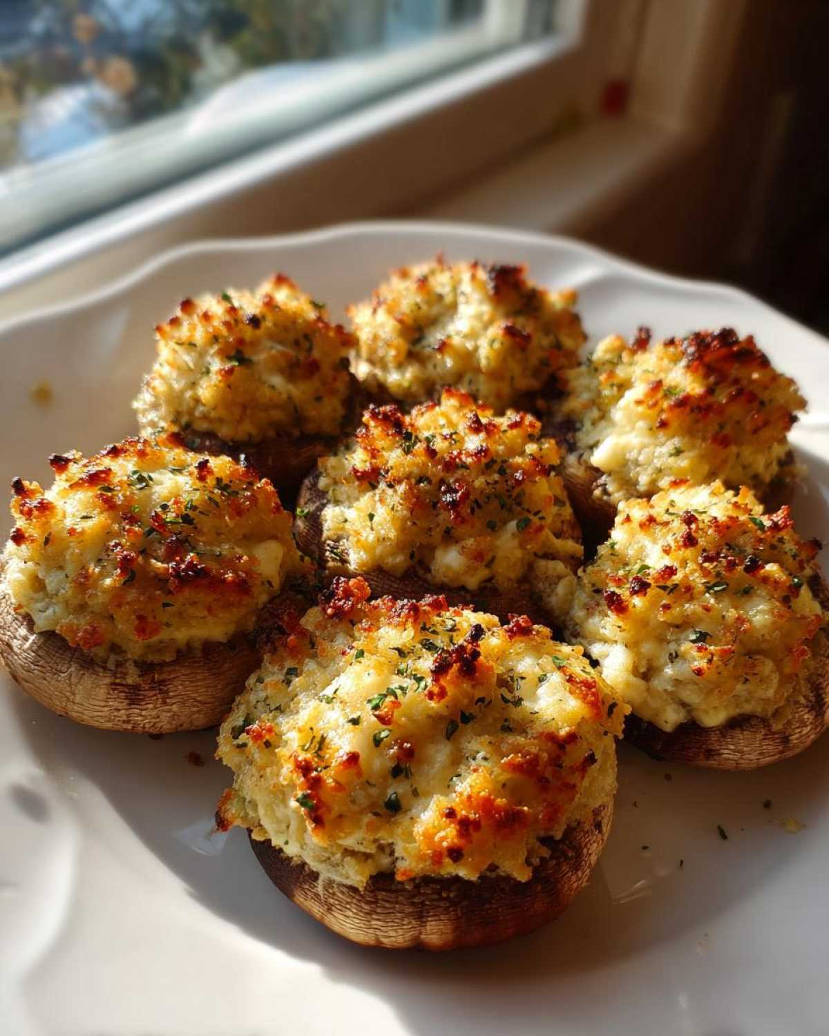 Six golden brown stuffed mushrooms recipe appetizers with cheesy, herbed topping, served on a white plate near a window.