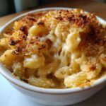 Close-up of baked mac and cheese recipe showing gooey cheese pull and golden breadcrumb topping.