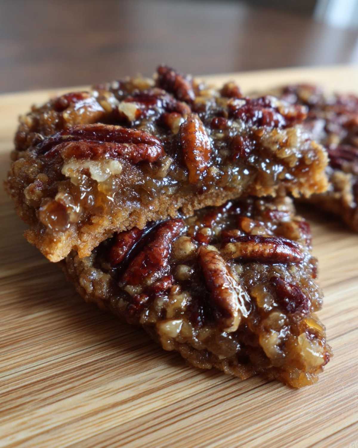 Close-up of two stacked pecan pie cookies showing the gooey, caramelized topping and whole pecans.