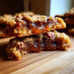 Close-up of two pecan pie cookies broken in half, showing the gooey, caramelized filling and pecan pieces.