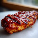 Close-up of grilled chicken breast generously coated in thick, glossy homemade bbq sauce.