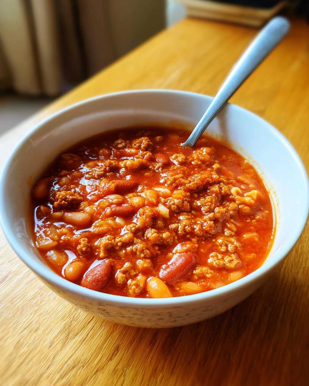 Close-up of a white bowl filled with rich, tomato-based pasta e fagioli soup containing ground meat and beans.