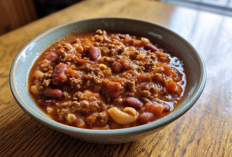 Close-up of a rustic bowl filled with rich, tomato-based pasta e fagioli soup featuring ground meat, kidney beans, and small pasta shapes.