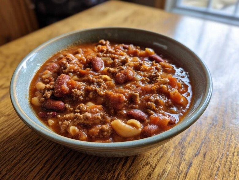 Close-up of a rustic bowl filled with rich, tomato-based pasta e fagioli soup featuring ground meat, kidney beans, and small pasta shapes.