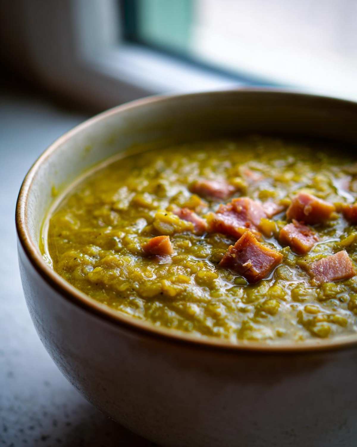 Close-up of a thick, green bowl of homemade pea soup topped with diced ham pieces.