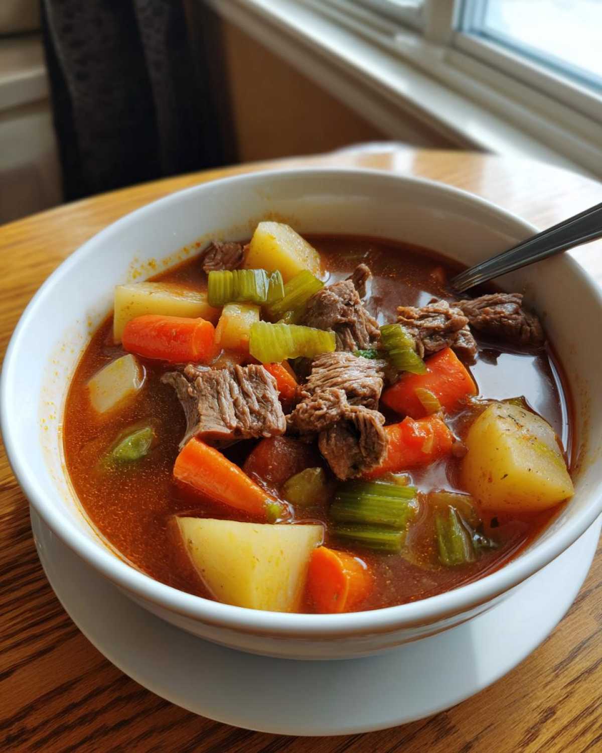 Close-up of a white bowl filled with rich vegetable beef soup, showing chunks of beef, potatoes, carrots, and celery.