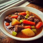 Close-up of a white bowl filled with rich vegetable beef soup, featuring chunks of beef, bright carrots, potatoes, and celery.