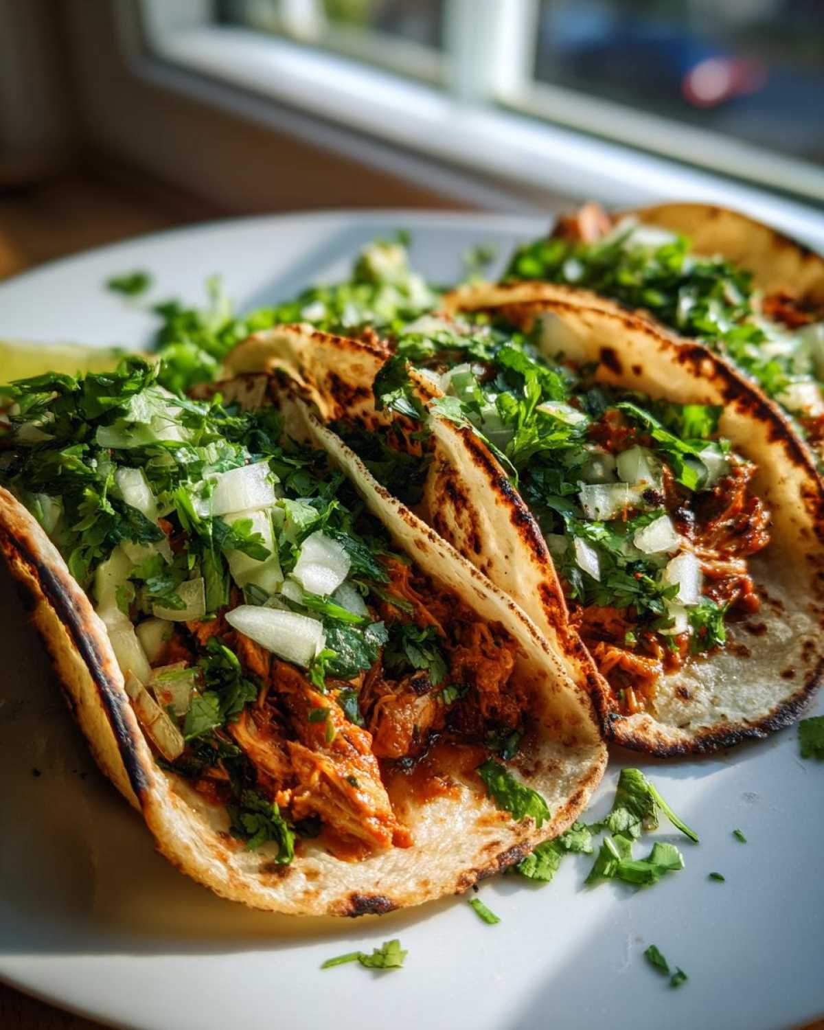 A close-up of three street-style chicken tacos filled with shredded chicken, topped generously with fresh cilantro and diced white onion.