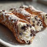 Close-up of three freshly filled cannoli, dusted with powdered sugar and topped with mini chocolate chips.