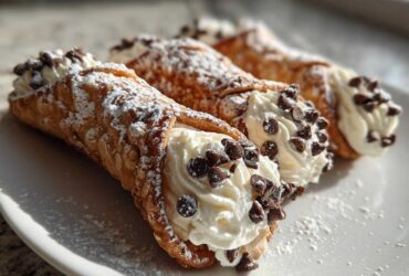 Close-up of three freshly filled cannoli, dusted with powdered sugar and topped with mini chocolate chips.
