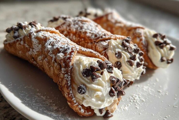 Close-up of three freshly filled cannoli, dusted with powdered sugar and topped with mini chocolate chips.