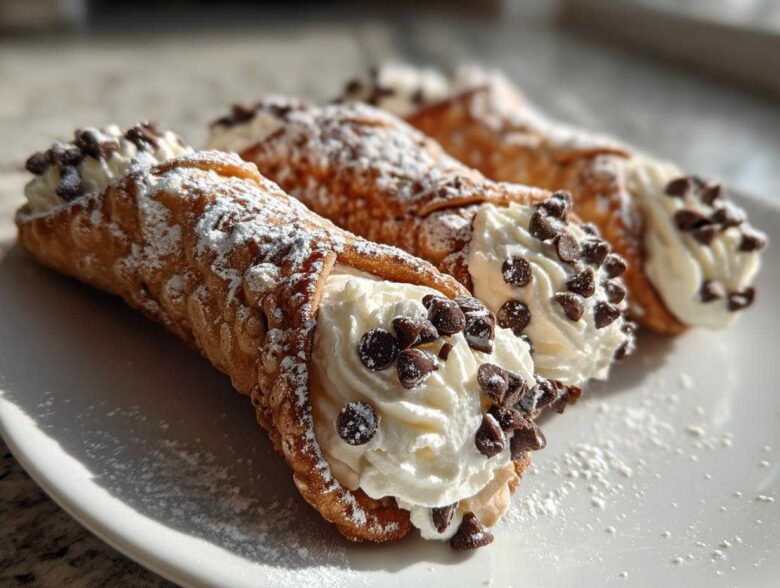 Close-up of three freshly filled cannoli, dusted with powdered sugar and topped with mini chocolate chips.