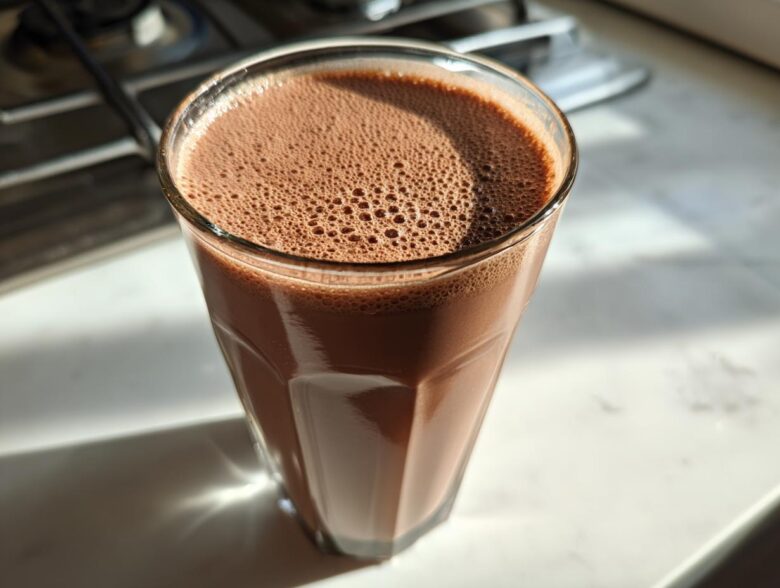 A tall glass filled with freshly made chocolate milk, showing a layer of small foam bubbles on top.