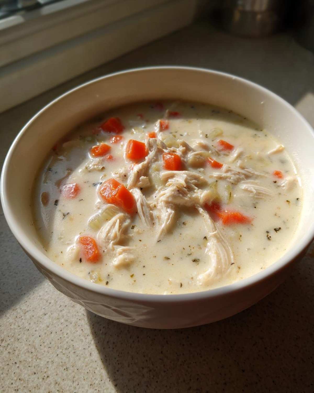 A close-up of a white bowl filled with homemade cream of chicken soup, featuring shredded chicken, diced carrots, and herbs.