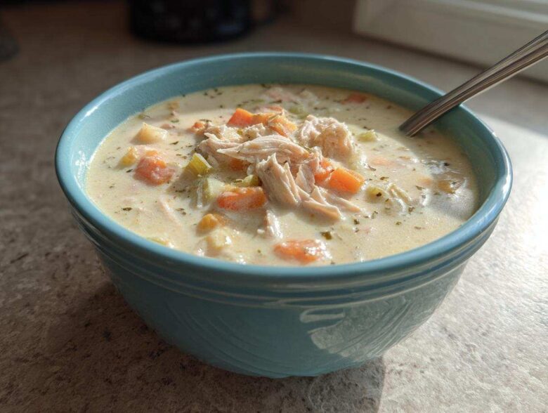 A close-up of a blue bowl filled with homemade cream of chicken soup, featuring shredded chicken and diced carrots.