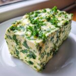 A rectangular block of homemade garlic butter mixed generously with chopped fresh parsley, sitting on a white plate.