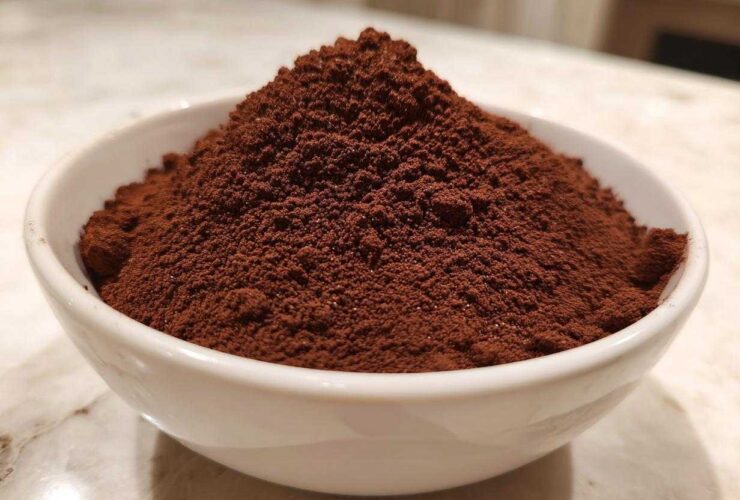 Close-up of a generous mound of rich, dark brown homemade hot cocoa mix powder overflowing a small white bowl.