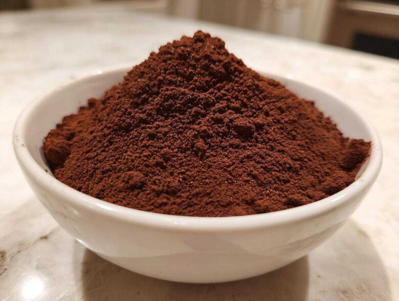 Close-up of a generous mound of rich, dark brown homemade hot cocoa mix powder overflowing a small white bowl.