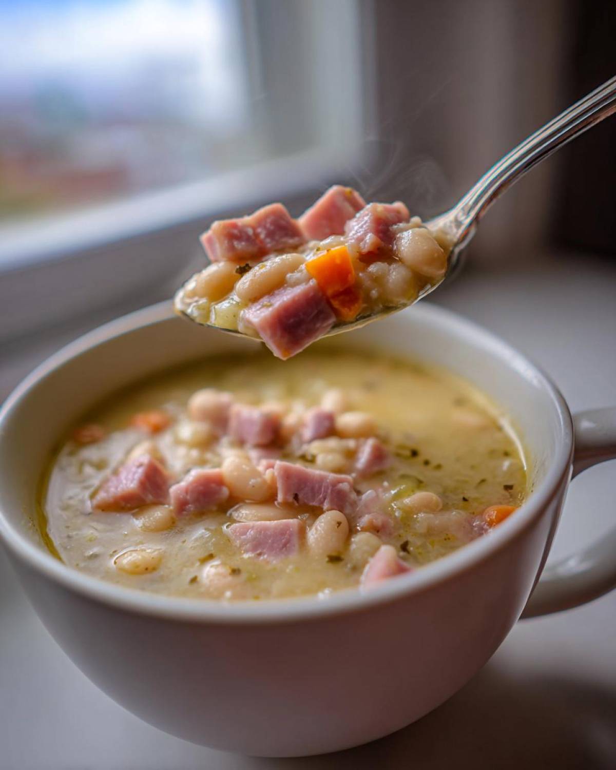 A spoonful of hot ham and white bean soup, rich with chunks of ham and carrots, being lifted from a white mug.
