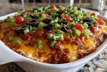 Close-up of a bubbling hot layer dip in a white baking dish, topped with melted cheese, black olives, tomatoes, and green onions.