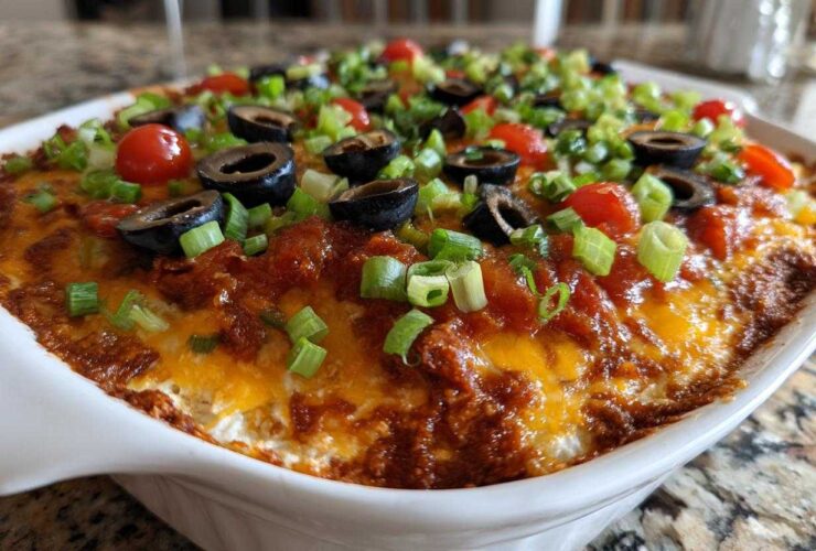 Close-up of a bubbling hot layer dip in a white baking dish, topped with melted cheese, black olives, tomatoes, and green onions.