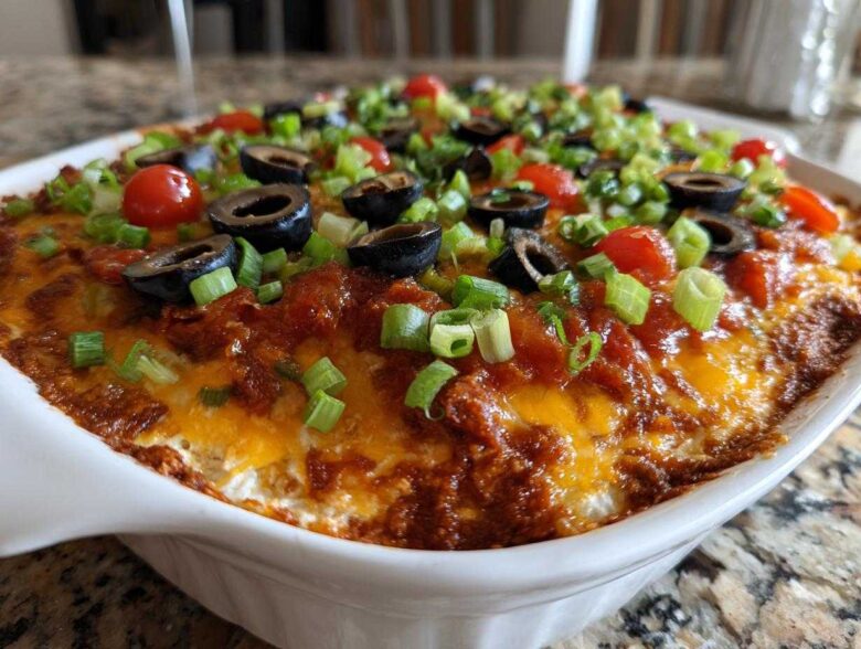 Close-up of a bubbling hot layer dip in a white baking dish, topped with melted cheese, black olives, tomatoes, and green onions.