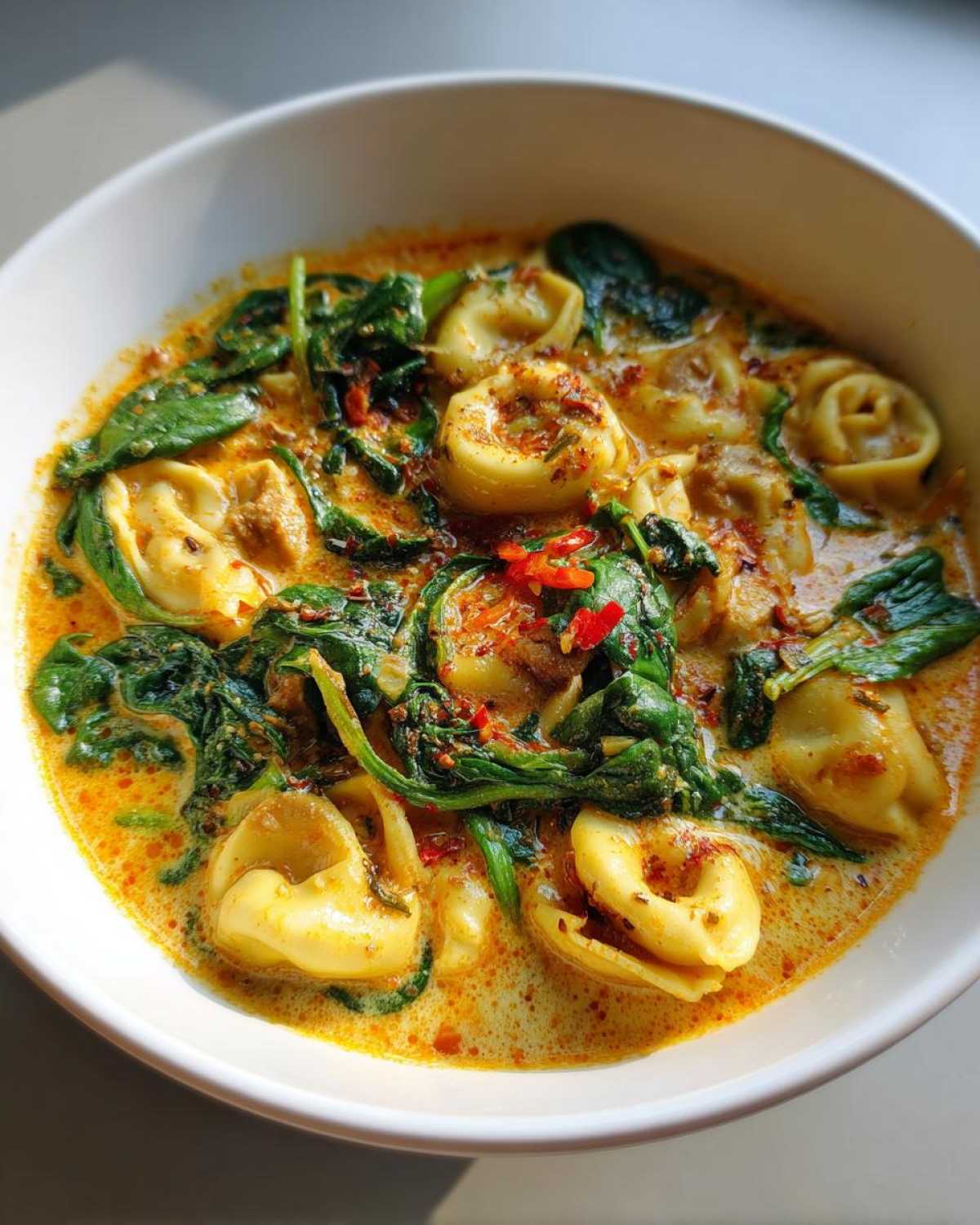 Close-up of a bowl of creamy Italian sausage tortellini soup with wilted spinach and red pepper flakes.