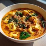 Close-up of a creamy Italian sausage tortellini soup with spinach and grated cheese topping.