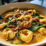 Close-up of a hearty bowl of Italian Sausage Tortellini Soup with spinach and creamy broth.