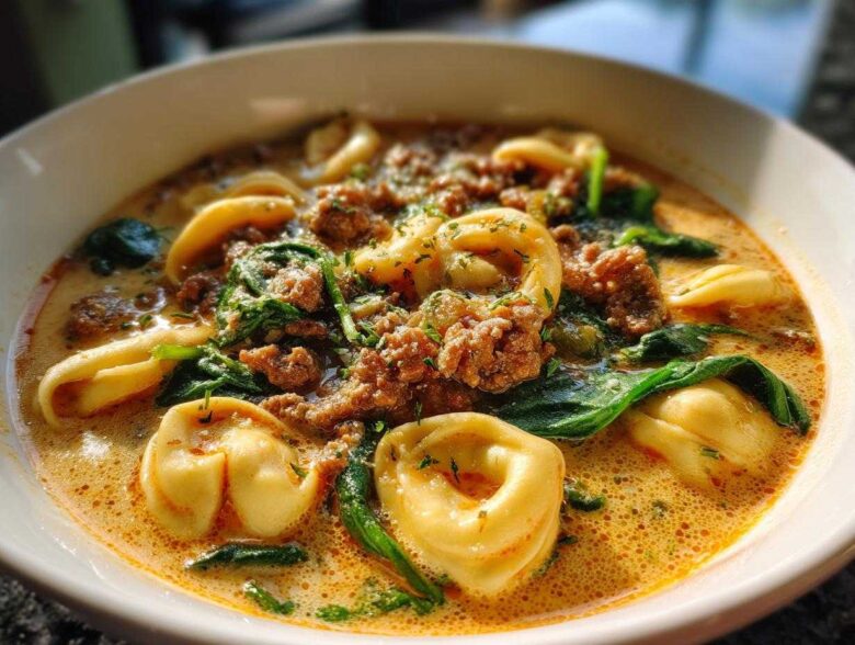 Close-up of a hearty bowl of Italian Sausage Tortellini Soup with spinach and creamy broth.