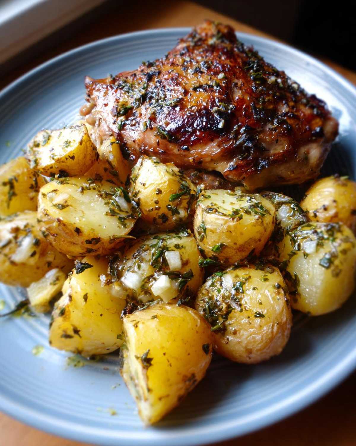 A perfectly roasted piece of greek chicken served alongside lemon-herb roasted potatoes on a blue plate.