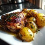 Close-up of a perfectly roasted piece of greek chicken with crispy skin next to lemon-herb roasted potatoes.