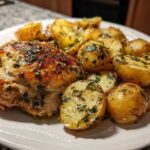 A close-up of juicy greek chicken thigh served alongside herb-coated roasted potatoes on a white plate.