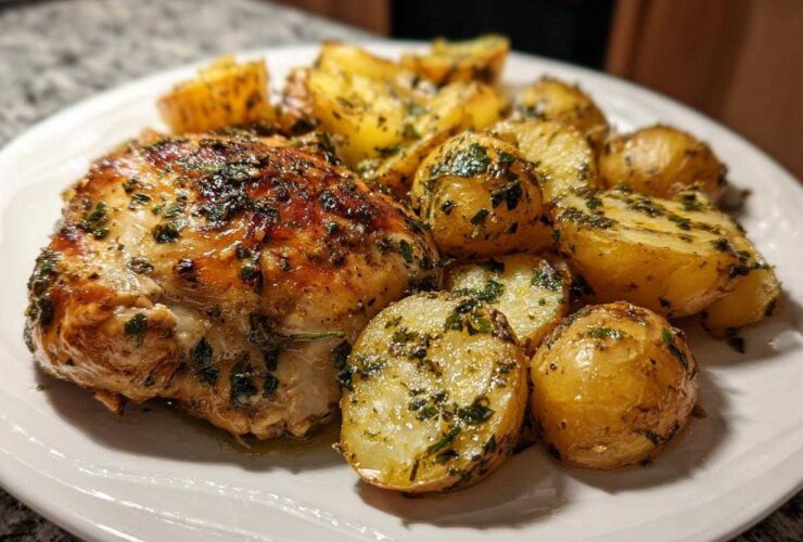 A close-up of juicy greek chicken thigh served alongside herb-coated roasted potatoes on a white plate.