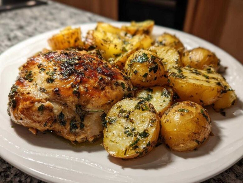 A close-up of juicy greek chicken thigh served alongside herb-coated roasted potatoes on a white plate.