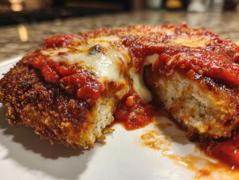 Close-up of keto chicken parmesan cut in half, showing crispy breading, white chicken interior, marinara sauce, and melted mozzarella cheese.