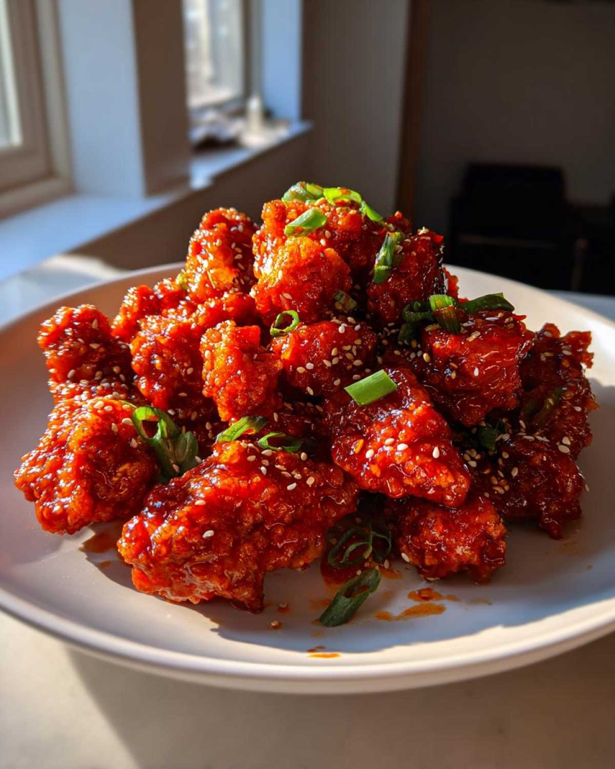 A generous pile of glossy, bright red korean fried chicken pieces garnished with sesame seeds and green onions.