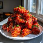 A large pile of glossy, red-glazed korean fried chicken pieces topped with sesame seeds and green onions.