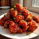 A generous pile of glossy, saucy korean fried chicken pieces garnished with sesame seeds and chopped green onions.