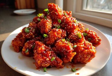 A generous pile of glossy, saucy korean fried chicken pieces garnished with sesame seeds and chopped green onions.