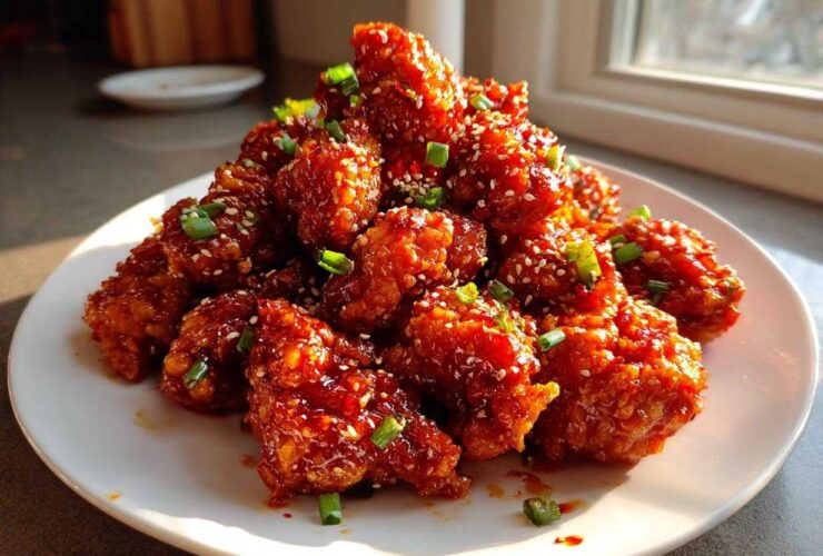 A generous pile of glossy, saucy korean fried chicken pieces garnished with sesame seeds and chopped green onions.