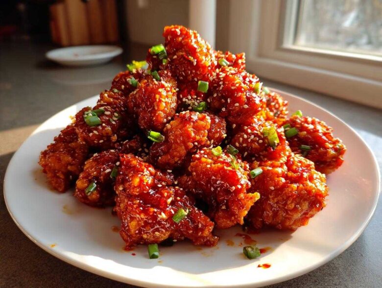 A generous pile of glossy, saucy korean fried chicken pieces garnished with sesame seeds and chopped green onions.