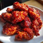 Close-up of glossy, deep-red pieces of korean fried chicken recipe coated in spicy sauce and sprinkled with sesame seeds.