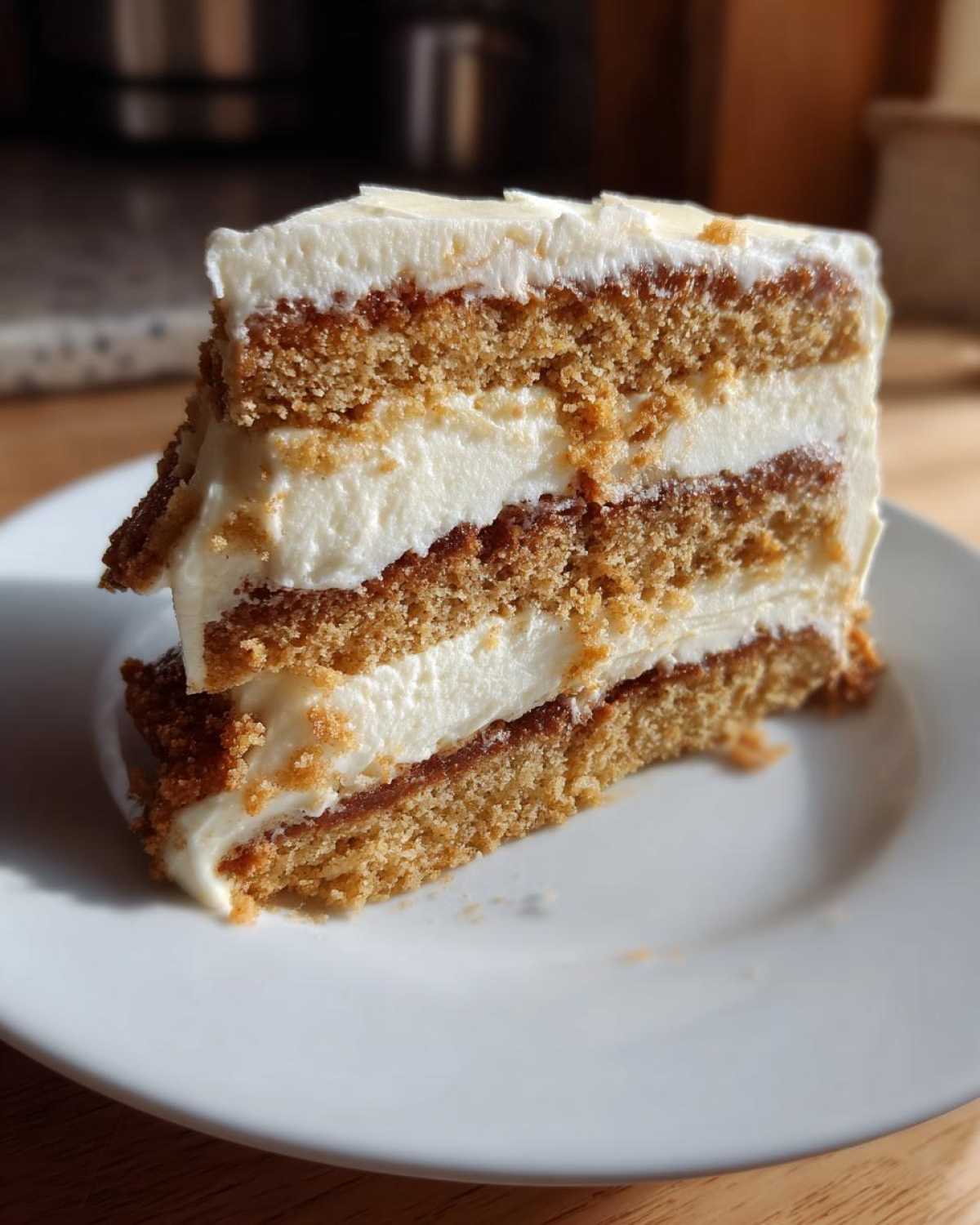 Close-up of a rich slice of layered cake with brown sponge and thick white cream filling, not the christmas tree cheesecake.