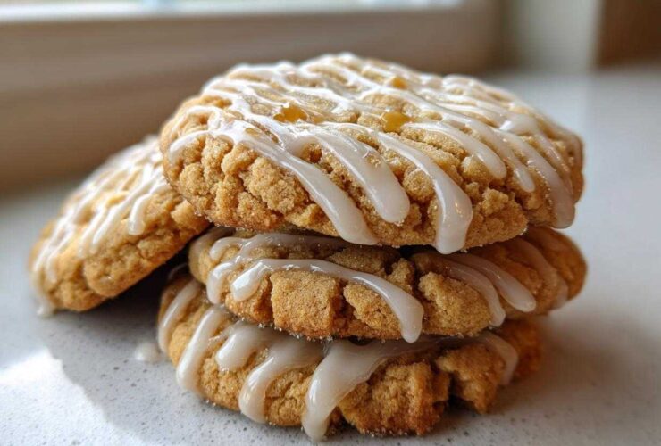 A stack of three soft maple brown sugar cookies drizzled with a thick, white glaze, sitting on a light countertop.