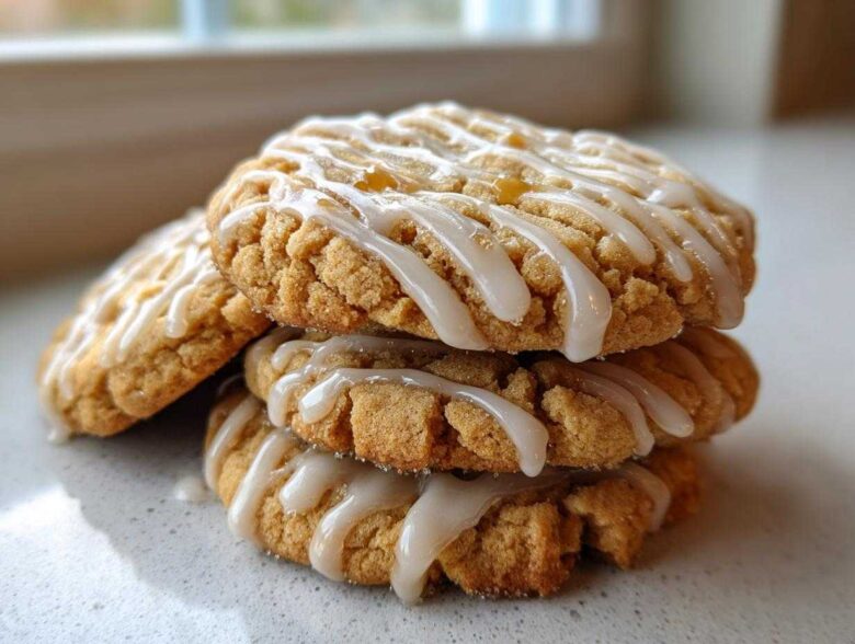 A stack of three soft maple brown sugar cookies drizzled with a thick, white glaze, sitting on a light countertop.